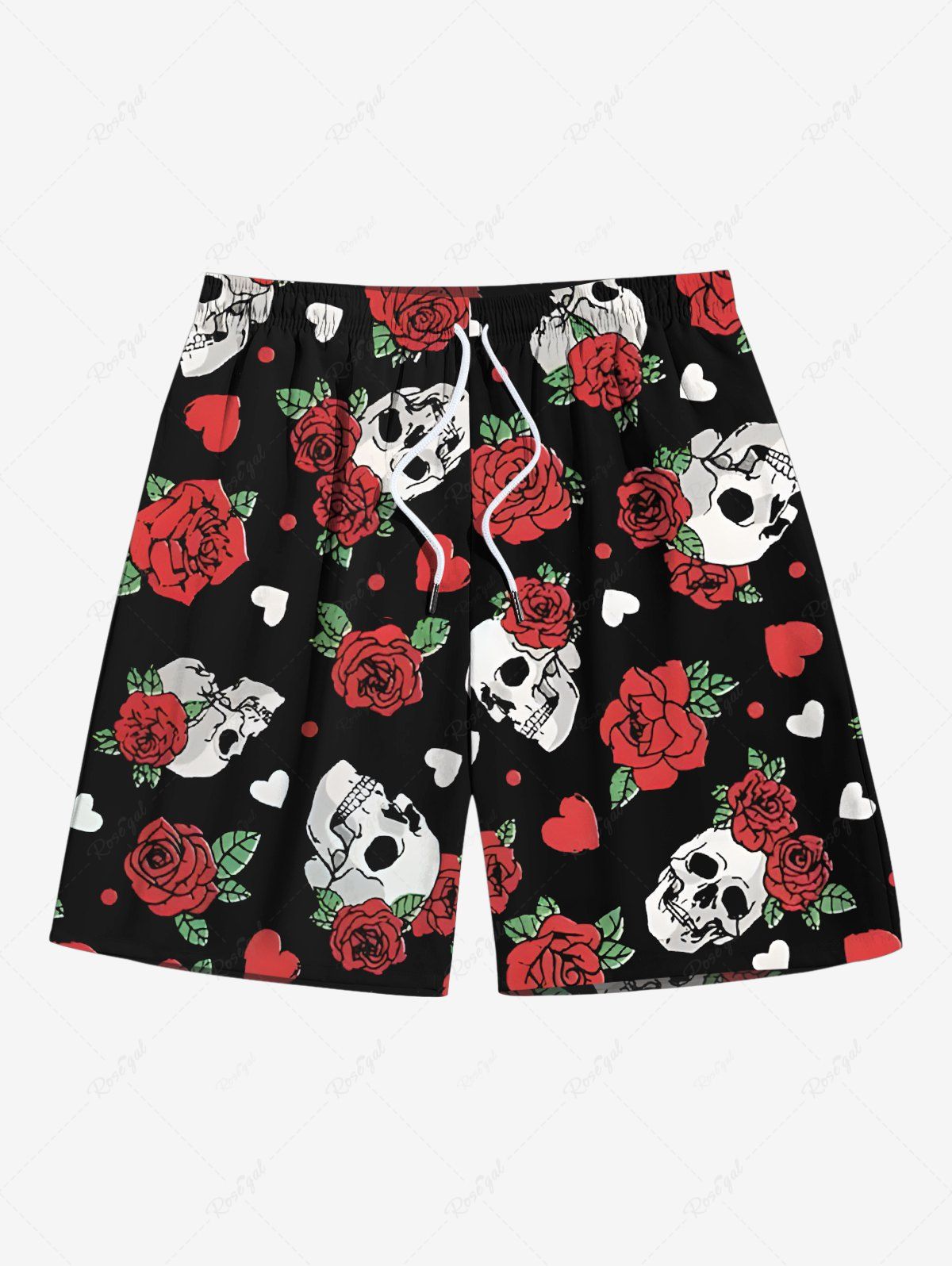 Fashion Plus Size Skull Rose Flower Leaf Heart Print Hawaii Drawstring Beach Shorts For Men  