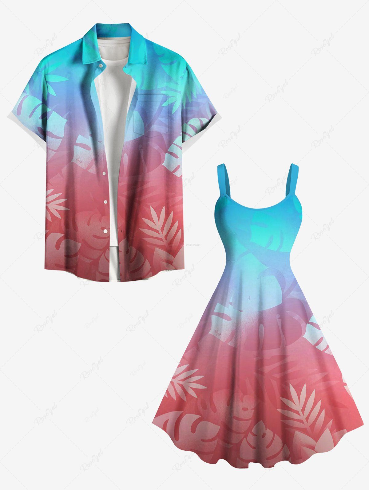 Tenue de plage hawaïenne assortie grande taille à imprimé feuilles tropicales ombrées pour couples Rouge 
