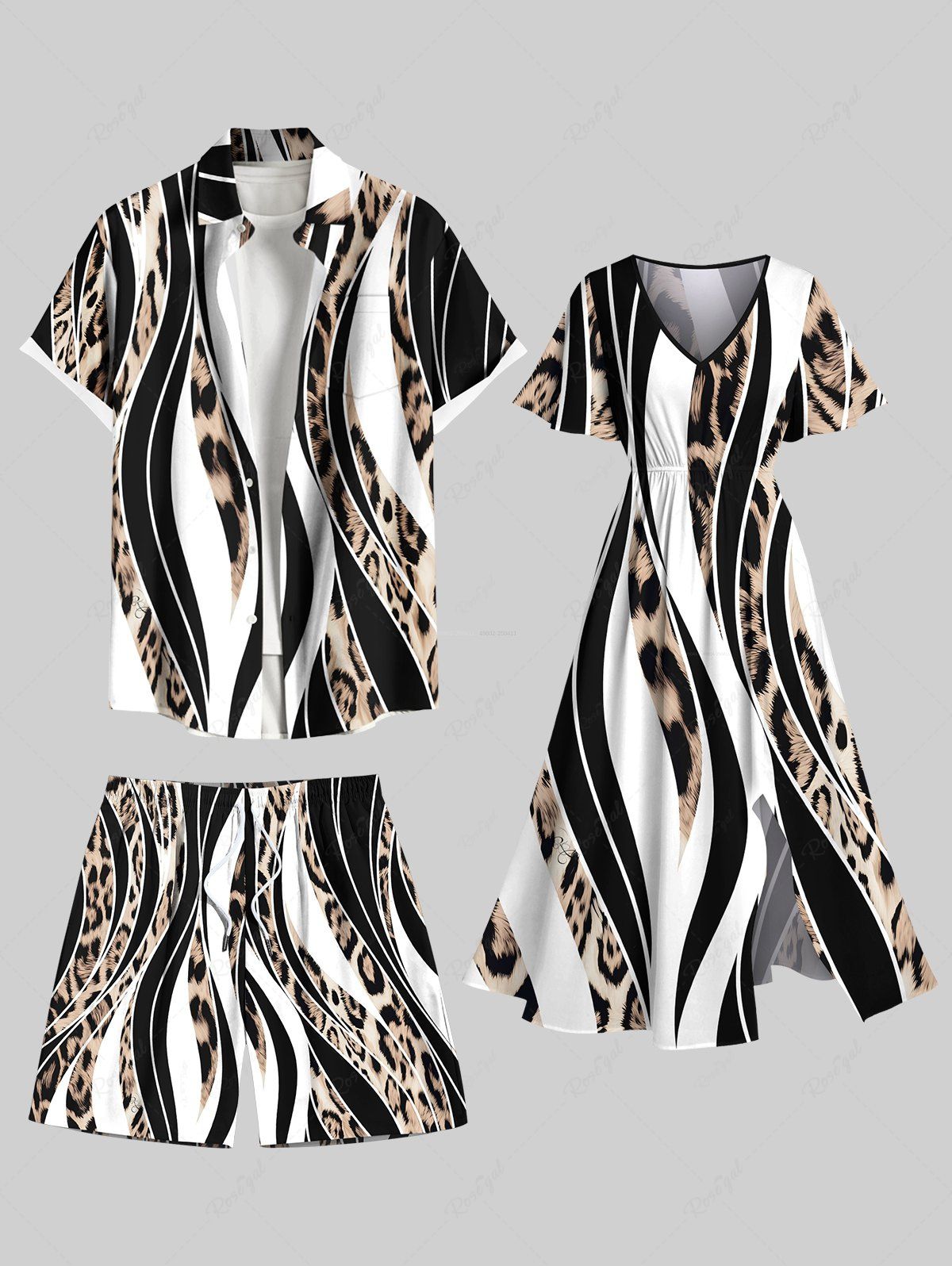 Affordable Leopard Curve Colorblock Print Plus Size Matching Hawaii Beach Outfit For Couples  