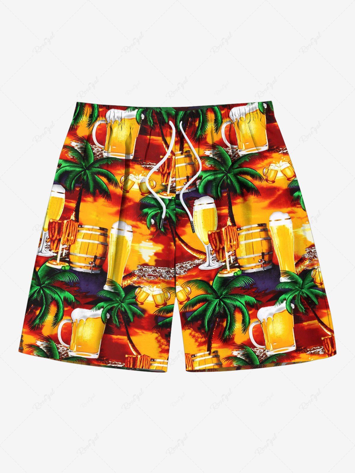 Short de Plage Hawaïen en Verre de Grande Taille Imprimé Cocotier et Bière pour Hommes Orange 8XL
