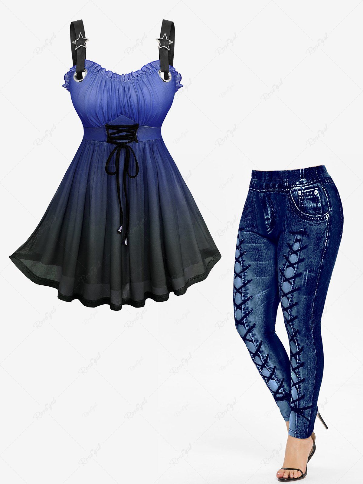 Débardeur Etoile Imprimé Ombré Bouclé Plissé à Lacets de Grande Taille et Legging Bleu 