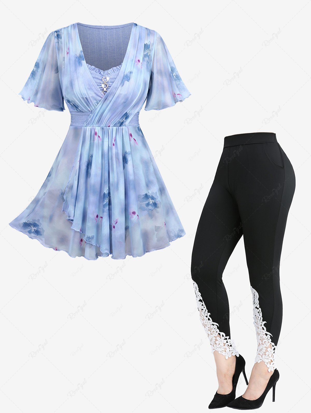 Haut Tunique avec Surplis à Imprimé Fleurs Peintes à L'Aquarelle et Leggings Grande-Taille Bleu clair 