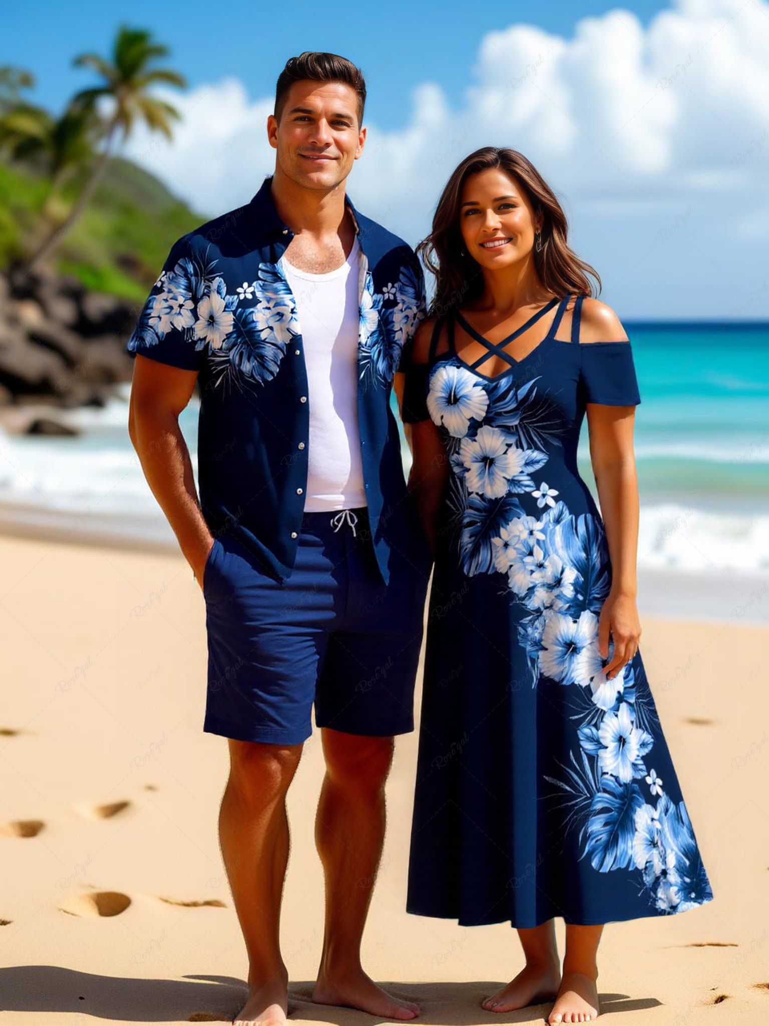 Online Tropical Leaf Hibiscus Flowers Print Plus Size Matching Hawaii Beach Outfit For Couples  