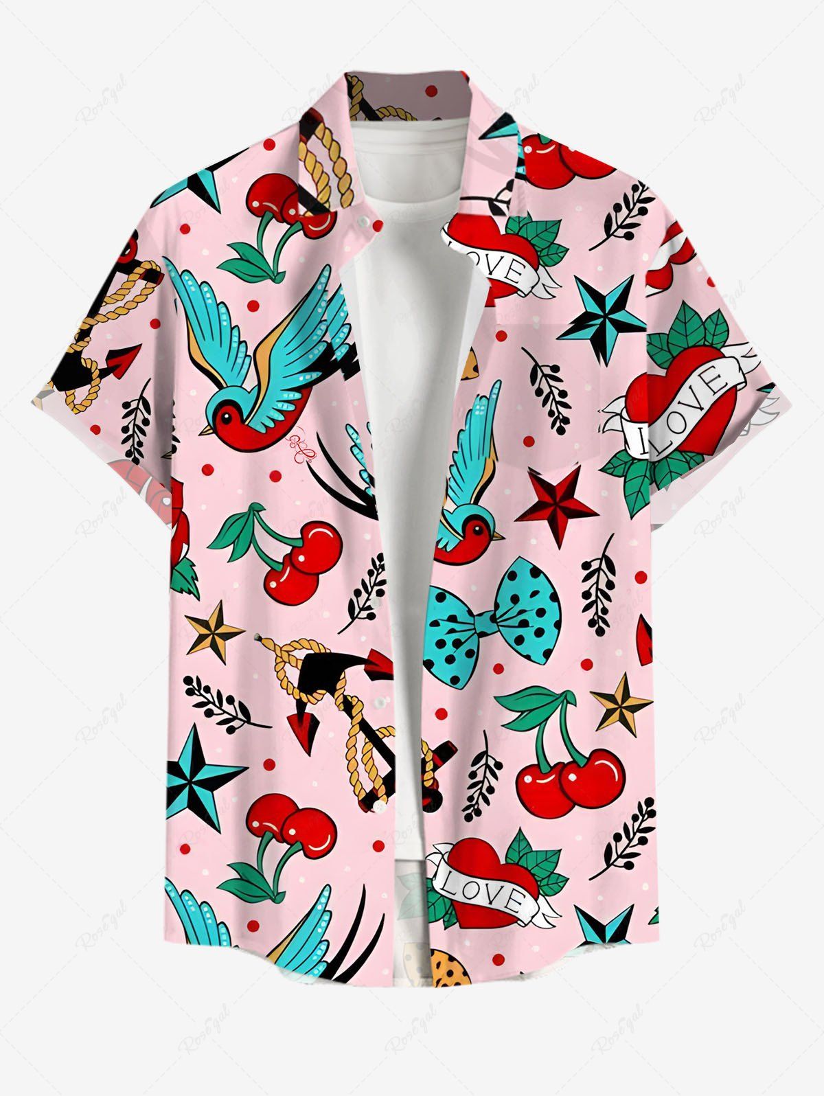 Sale Plus Size Bird Cherry Heart Anchor Bowknot Cruise Print Hawaii Button Pocket Shirt For Men  