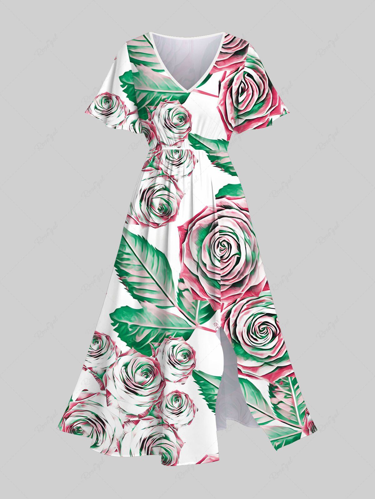 Robe Trapèze Mi-longue à Imprimé Floral et Feuille 3D avec Poche Grande Taille Blanc 6X