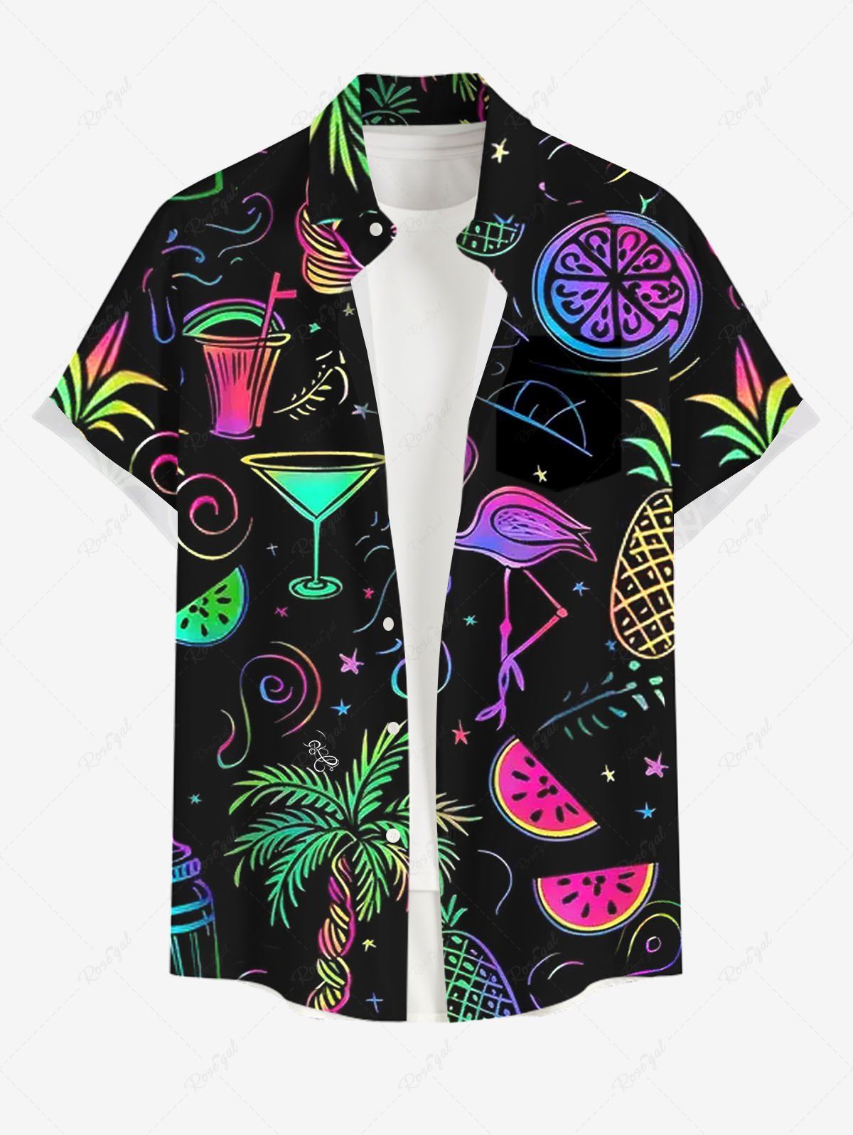 Shop Plus Size Coconut Tree Flamingo Fruit Juice Pineapple Watermelon Print Buttons Pocket Hawaii Shirt For Men  