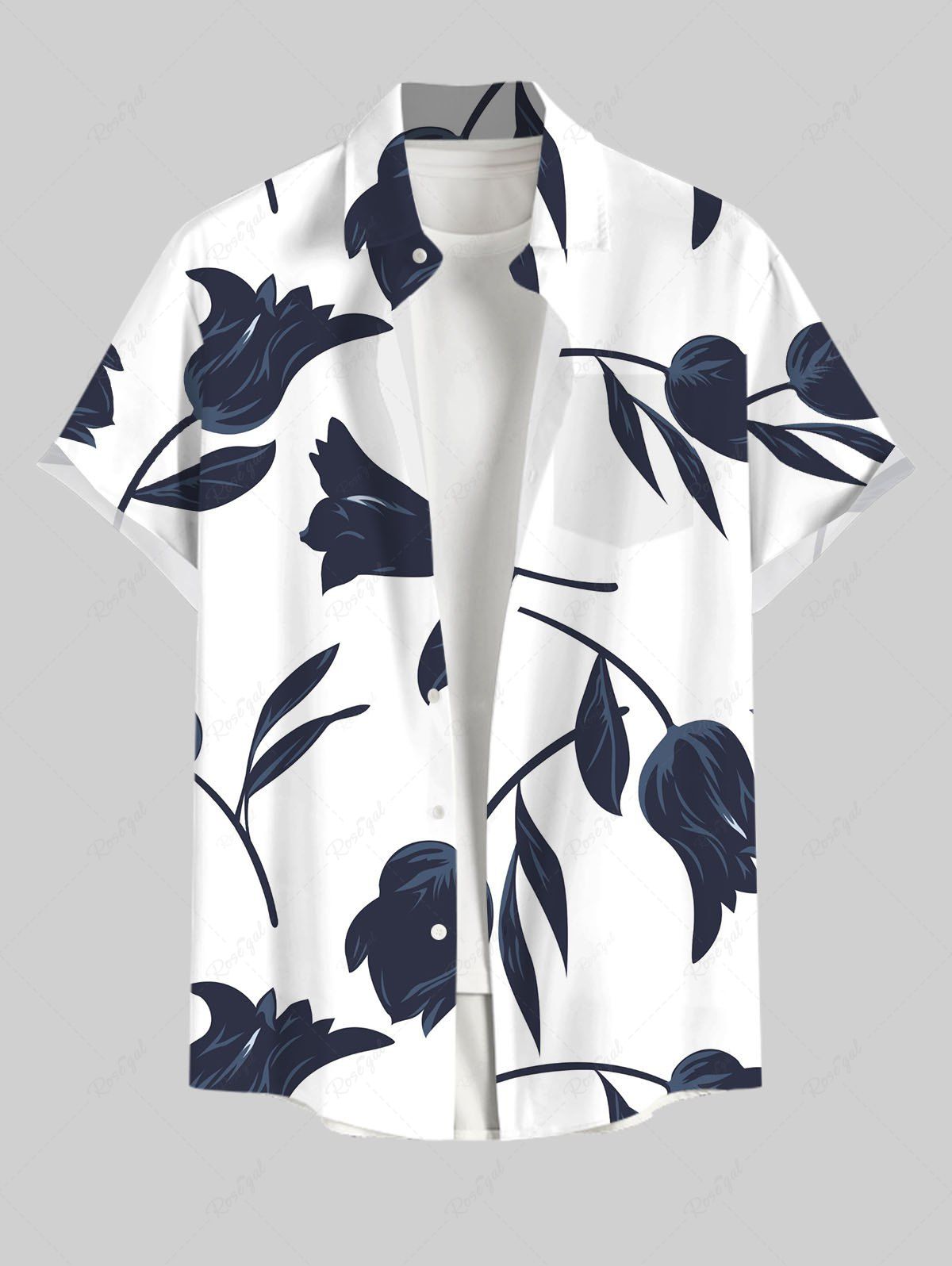 Fashion Plus Size Flowers Leaf Print Buttons Pocket Hawaii Shirt For Men  