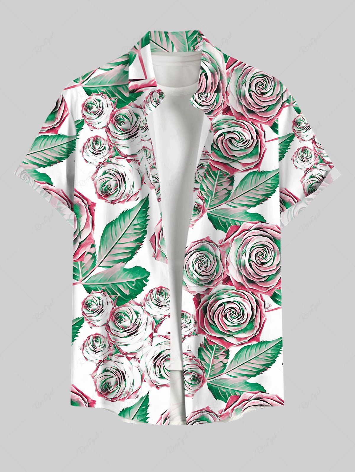 Discount Plus Size 3D Rose Flower Leaf Print Hawaii Button Pocket Shirt For Men  