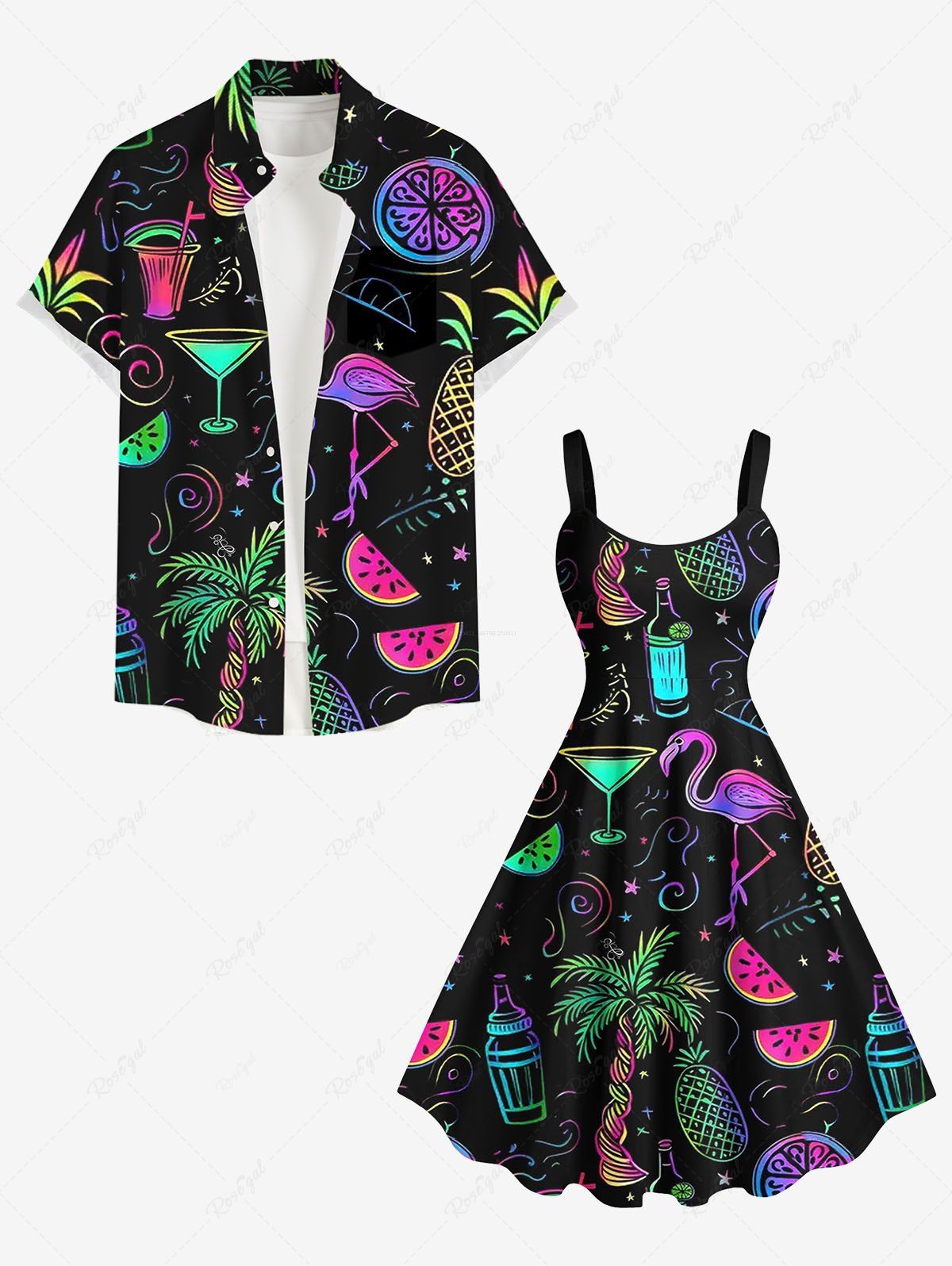 Short de Plage Hawaïen Flamant et Ananas Imprimés de Grande Taille pour Couple Noir 