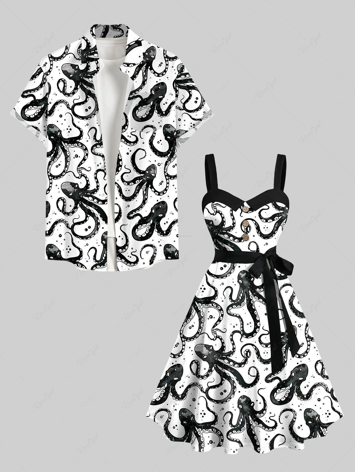 Fancy Octopus Two Tone Print Plus Size Matching Beach Outfit For Couples  