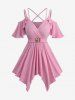 Ribbed Solid Crisscross Surplice Handkerchief Top and Split Lace Up Topstitching Flare Pants Plus Size Outfit -  