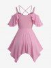 Ribbed Solid Crisscross Surplice Handkerchief Top and Split Lace Up Topstitching Flare Pants Plus Size Outfit -  