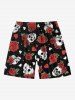 Maillot de Bain Grande Taille et Short de Plage Imprimé de Roses et Coeur - Noir 