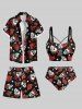 Plus Size Skull Rose Flower Leaf Heart Print Hawaii Drawstring Beach Shorts For Men -  