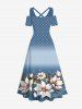 Plus Size Flower Leaf Plaid Ombre Printed Hawaii Cold Shoulder Crisscross A Line Maxi Dress -  