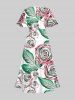 Plus Size 3D Rose Flower Leaf Print Hawaii Split Pocket A Line Midi Dress -  