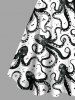 Plus Size Octopus Two Tone Print Buttons Turn Down Collar Hawaii Dress With Belt -  