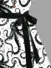Plus Size Octopus Two Tone Print Buttons Turn Down Collar Hawaii Dress With Belt -  