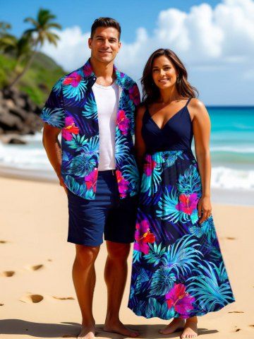 Tropical Leaf Hibiscus Flowers Print Plus Size Matching Hawaii Beach Outfit For Couples