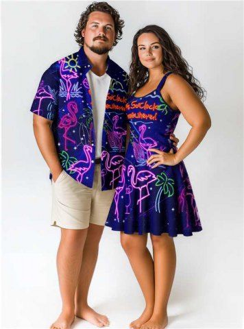 Coconut Tree Flamingo Sun Pineapple Juice Print Plus Size Matching Hawaii Beach Outfit For Couples - PURPLE