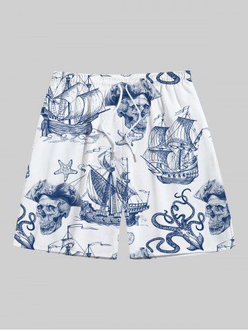 Plus Size Skull Pirate Octopus Sailboat Shell Cruise Print Hawaii Drawstring Beach Shorts For Men - WHITE - 8XL