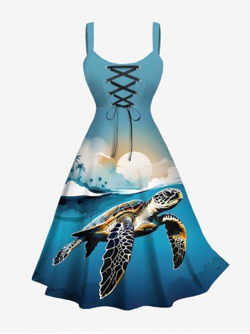 Plus Size Coconut Tree Sea Turtle Sun Cloud Ombre Sky Print Hawaii Sea Creatures Lace Up A Line Tank Dress - GREEN - 1X