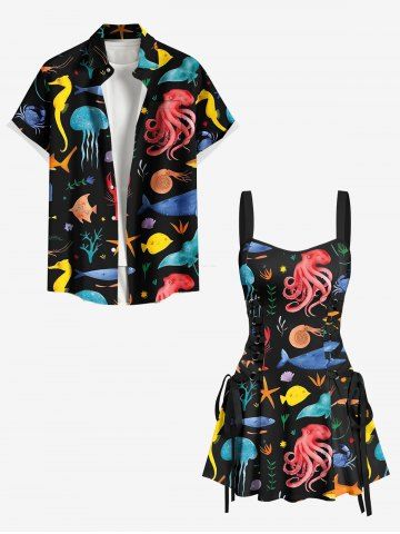 Short de Plage Hawaïen en Velours à Imprimé Pieuvre et Méduse dans la Mer Colorée - BLACK
