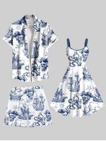 Trousse de Plage Unisexe Imprimé Voilier et Crâne Grande Taille pour Couples - WHITE