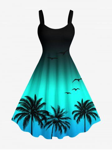 Plus Size Coconut Tree Bird Ombre Print Hawaii Tank Dress - GREEN - XXS