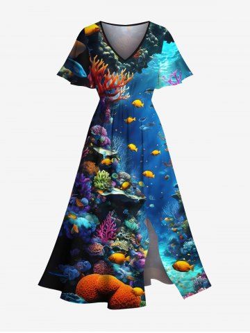 Plus Size Coral Fish Sea Creature Print Split Hawaii Midi Dress - BLUE - 3X