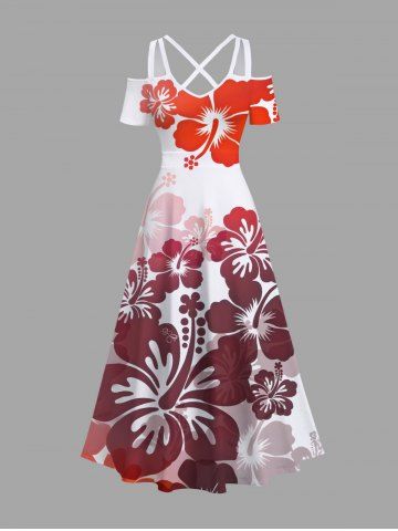 Plus Size Hibiscus Flower Tropical Print Cold Shoulder Crisscross Hawaii Maxi Dress - RED - L