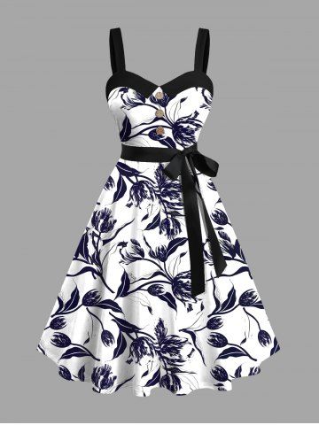 Plus Size Flowers Leaf Print Buttons Turn Down Collar Hawaii Dress With Belt - BLACK - 5X