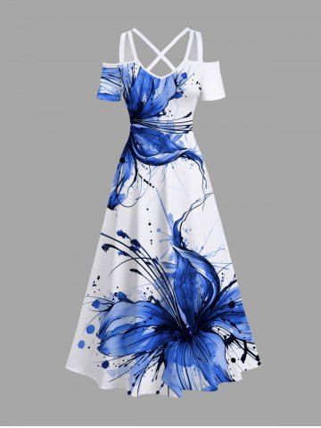 Maxi Robe Hawaïen Croisée Fleur Peinture Eclaboussée Imprimée à Epaule Dénudée de Grande Taille - WHITE - 6X