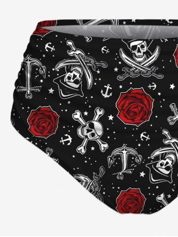Plus Size Skull Pirate Rose Flower Star Print Lace Up Panel Tankini Swimsuit