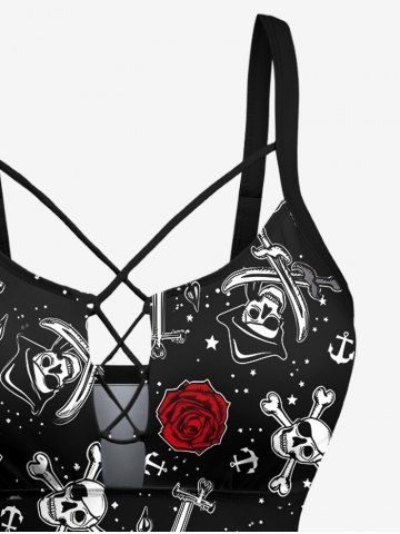 Plus Size Skull Pirate Rose Flower Star Print Lace Up Panel Tankini Swimsuit
