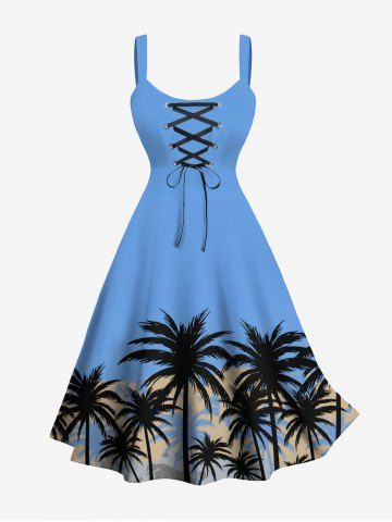 Plus Size Coconut Tree Sky Print Hawaii Lace Up A Line Tank Dress