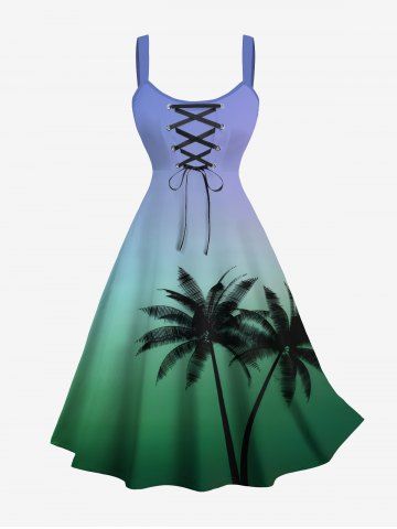 Plus Size Coconut Tree Dip Dye Ombre Print Hawaii Lace Up A Line Tank Dress