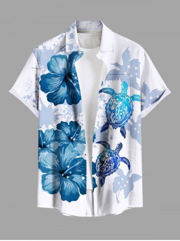 Chemise à poches boutonnées grande taille pour homme, imprimé éclaboussures de peinture florale, tortue et oiseau, créatures marines d'Hawaï en dégradé. - WHITE - XL