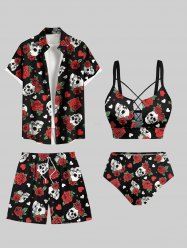 Maillot de Bain Grande Taille et Short de Plage Imprimé de Roses et Coeur - Noir 