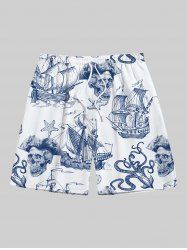 Plus Size Skull Pirate Octopus Sailboat Shell Cruise Print Hawaii Drawstring Beach Shorts For Men -  