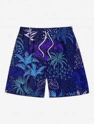 Plus Size Coconut Tree Tropical Leaves Print Hawaii Drawstring Beach Shorts For Men -  