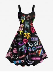 Plus Size Glitter Neon Flamingo Banana Heart Wing Moon Print Hawaii A Line Tank Dress -  
