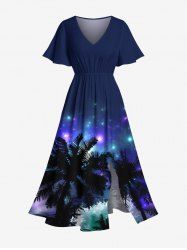 Plus Size Coconut Tree Glitter Galaxy Print Hawaii Split Pocket A Line Midi Dress -  