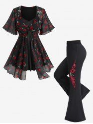 Pantalon Sarouel Long Grande Taille Imprimé Feuille Floral Côtelé - Noir 