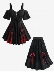 Plaid Print Lace Up Zipper Hollow Out Jacquard Top and Skull Mesh Bowknot Tied Layered A Line Skirt Plus Size Outfit -  