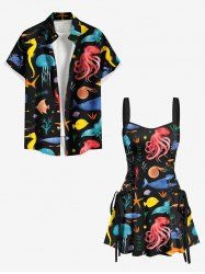 Short de Plage Hawaïen en Velours à Imprimé Pieuvre et Méduse dans la Mer Colorée - Noir 
