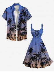 Coconut Tree Ombre Sky Print Plus Size Matching Hawaii Shirt and Dress Beach Outfit For Couples -  