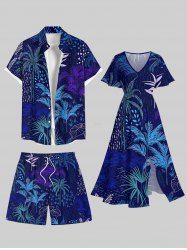 Tenue de plage hawaïenne assortie grande taille à imprimé feuilles tropicales de cocotier pour couples - Bleu profond 