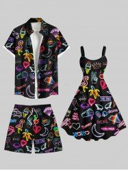 Glitter Neon Flamingo Banana Heart Wing Moon Print Plus Size Matching Hawaii Beach Outfit For Couples -  