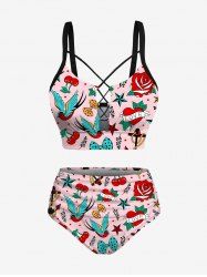 Bird Cherry Heart Anchor Bowknot Cruise Print Swimsuit Hawaii Plus Size Matching Set -  